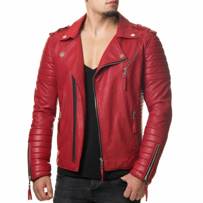 Men's Diamond Quilted Kay Michael Red Lambskin Slim Fit Leather